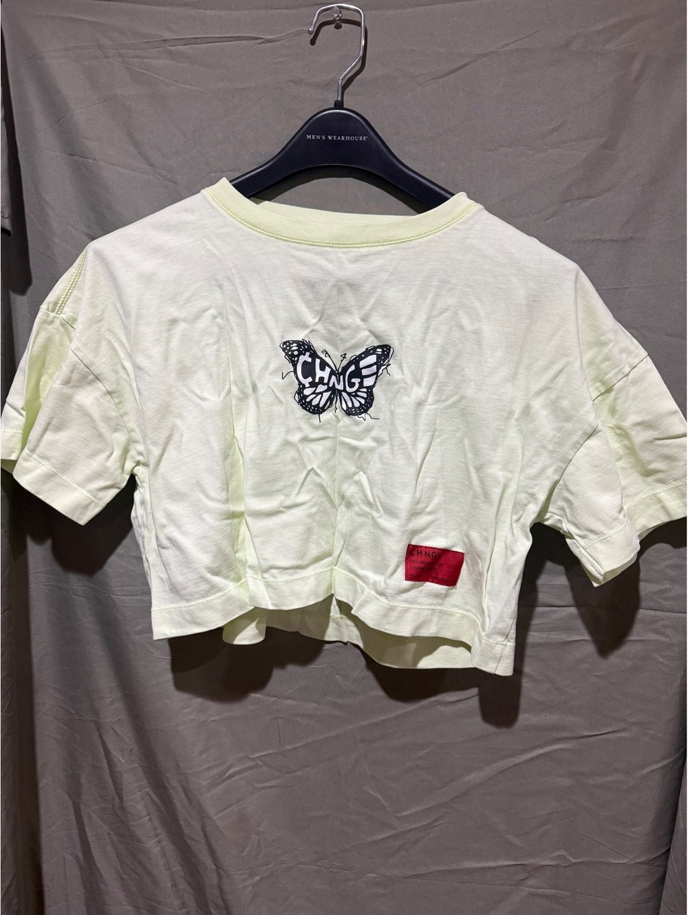 CHNGE pale yellow/green cropped butterfly T shirt